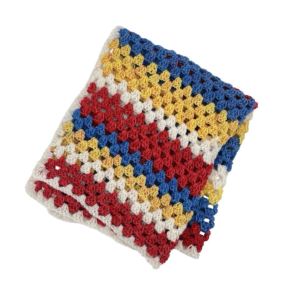 Handmade Crochet Granny Stitch Baby Blanket Throw Red Blue Yellow White 36x30
